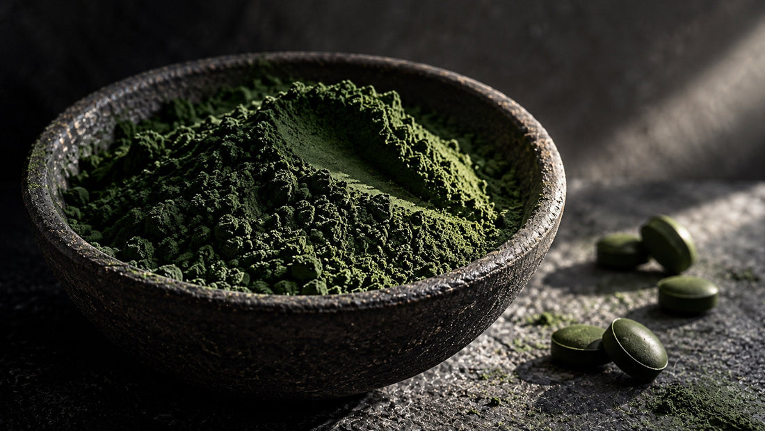 Dunkelgrünes Chlorella-Pulver in einer rauen dunklen Keramikschale, daneben mehrere grüne Presslinge auf Stein