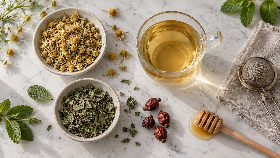 Glas mit goldenem Kräutertee, Schalen mit getrockneten Kamillenblüten und Pfefferminze, Hagebutten, Teesieb und Honiglöffel auf hellem Marmor