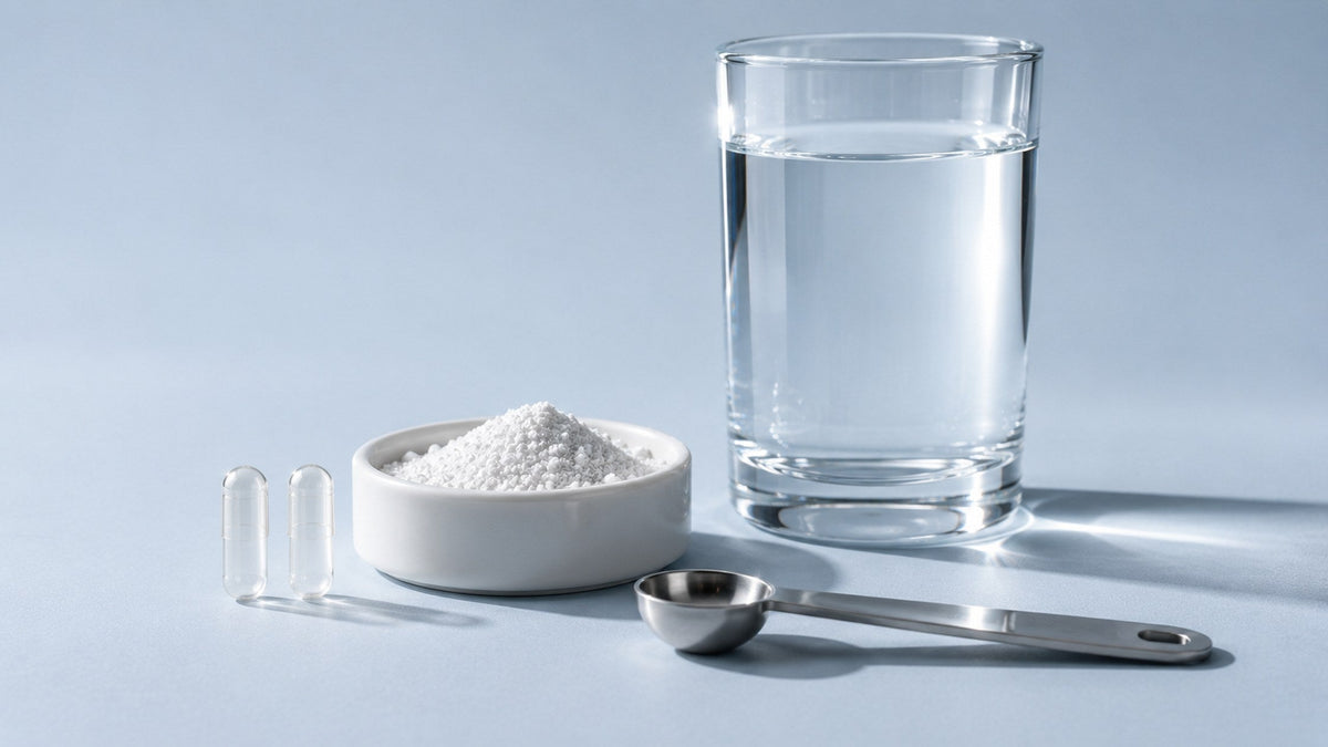 Weißes Taurinpulver in einer kleinen Porzellanschale, zwei leere Kapselhüllen, ein Messlöffel aus Edelstahl und ein Glas Wasser vor hellblauem Hintergrund